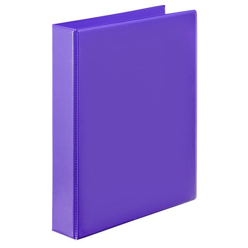 Violet purple Marbig Clearview A4 insert binder at an angle, showing the clear overlay on the front cover and spine