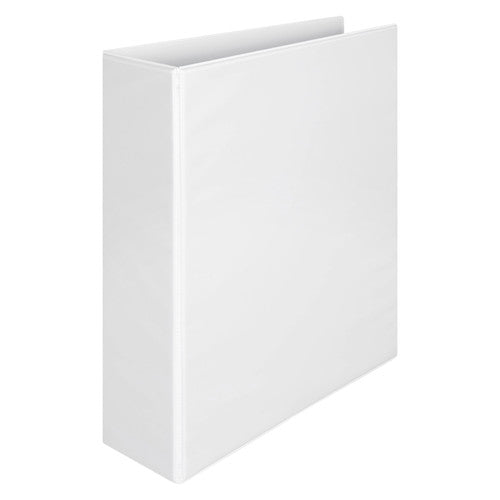 Marbig white Clearview lever arch file standing at an angle, showing the front cover and the depth of the spine