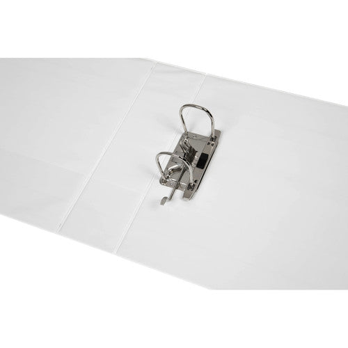 Marbig white Clearview lever arch file opened flat, showing the two arch lever mechanism and locking catch