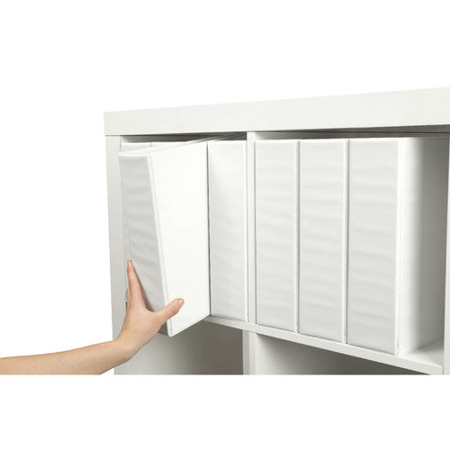 Hand taking a white Marbig Clearview lever arch file from a shelf lined with matching white files