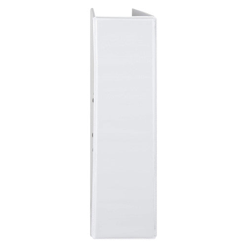 Side view along the spine of the Marbig white Clearview lever arch file with its clear overlay