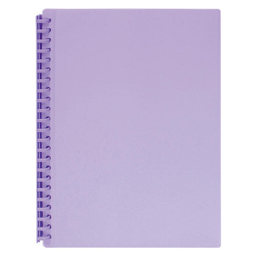 Marbig 2008619 Clearview refillable A4 display book closed, pale lilac purple front cover with a purple spiral spine at the left