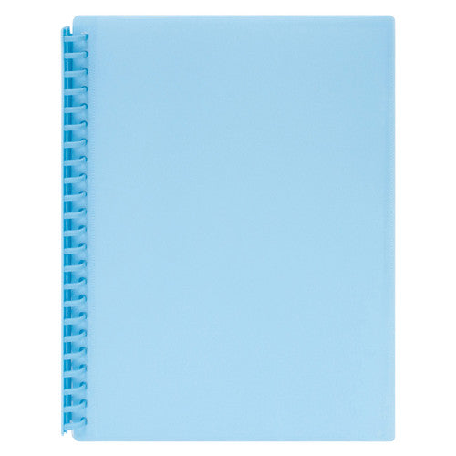Marbig 2008601 Clearview refillable display book closed, plain pastel blue front cover with a blue spiral spine down the left edge