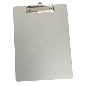 Front view of the Marbig A4 aluminium clipboard 43300, a silver metal board with a chrome lever clip and a small hook tab above the clip