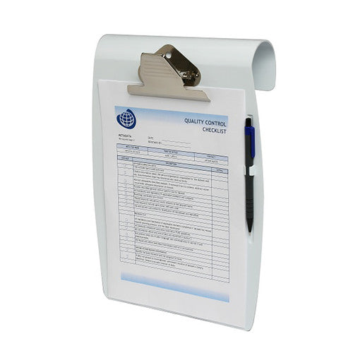 White Marbig Hang It A4 clipboard 4420008 with its curved top edge rolled over, a metal lever clip holding a quality checklist and a pen in the side holder