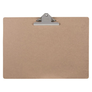 Marbig brown masonite A3 clipboard in landscape orientation with a large lever clip at the top centre
