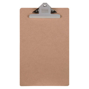 Marbig brown masonite foolscap clipboard in portrait orientation with a large lever clip at the top