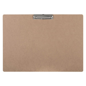 Marbig brown masonite A3 clipboard in landscape orientation with a low flat metal clip at the top centre