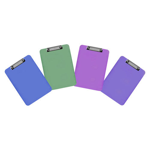 Marbig A4 plastic clipboards in assorted neon colours laid flat showing metal clip and board surface
