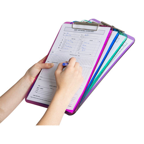 Side view of Marbig A4 plastic clipboard showing retractable hanging hook and polypropylene construction