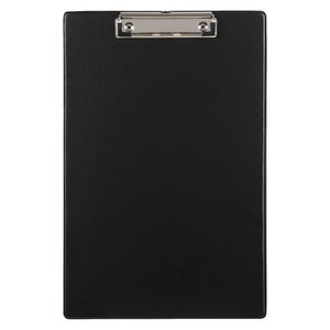 Marbig black foolscap clipboard 4301002 face on with a chrome metal clip across the top