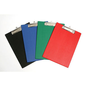 Four Marbig A4 clipboards fanned out in black, blue, green and red, each with a chrome clip