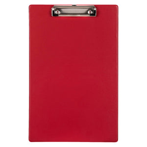 Marbig red foolscap clipboard 4301003 face on with a chrome metal clip across the top