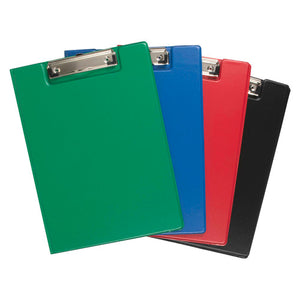 Fan of four Marbig A4 clipfolders in green, blue, red and black, each closed with its chrome clip showing at the top of the cover
