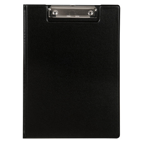 Black Marbig A4 clipfolder shown closed from the front, the chrome clip visible through the cut away section at the top of the cover