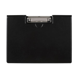 Marbig landscape A4 clipfolder in black, closed, silver clip centred on the long top edge