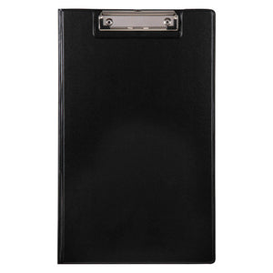 Black Marbig foolscap clipfolder closed, front view, the chrome wire clip visible through a notch at the top of the cover
