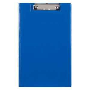 Blue Marbig foolscap clipfolder closed, front view, with the chrome wire clip showing through a notch at the top of the cover