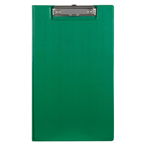 Green Marbig foolscap clipfolder closed, front view, showing the green cover and the chrome clip through the notch at the top