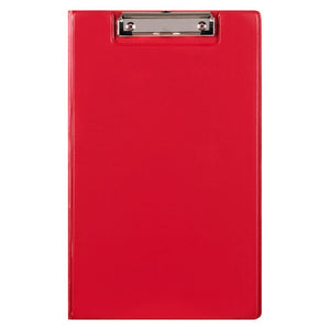 Red Marbig foolscap clipfolder closed, seen from the front, with the chrome wire clip exposed through a notch in the top of the cover