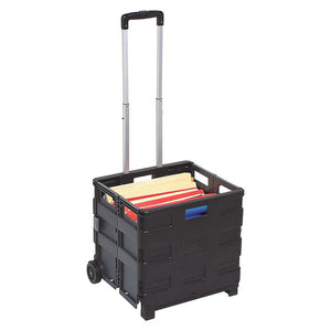Marbig 87505 black collapsible storage trolley with its telescopic handle raised, two wheels at the base and coloured hanging files inside the open crate