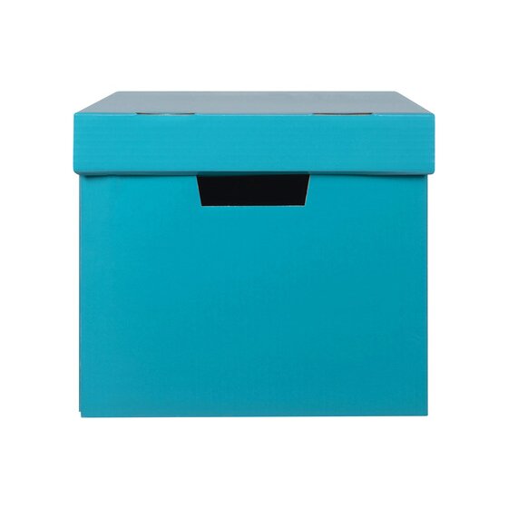 Marbig teal archive box seen from the end, lid on, with a hand hole cut through the end panel below the lid