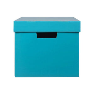 Marbig teal archive box seen from the end, lid on, with a hand hole cut through the end panel below the lid