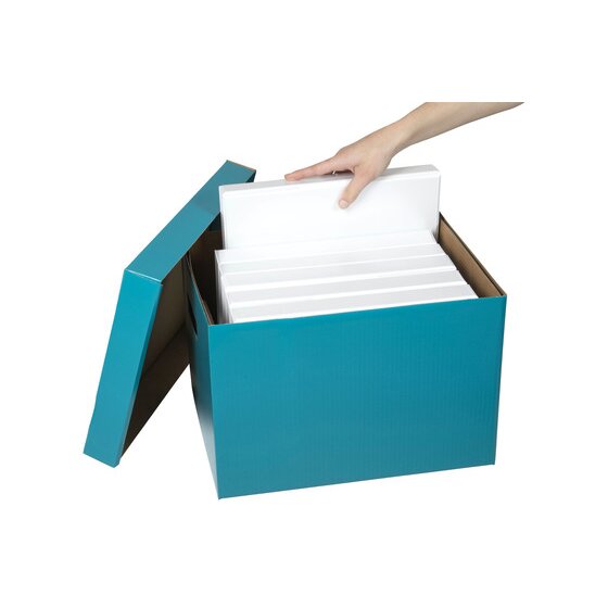 Hand setting white ring binders into an open Marbig teal archive box, its lid leaning open against one side