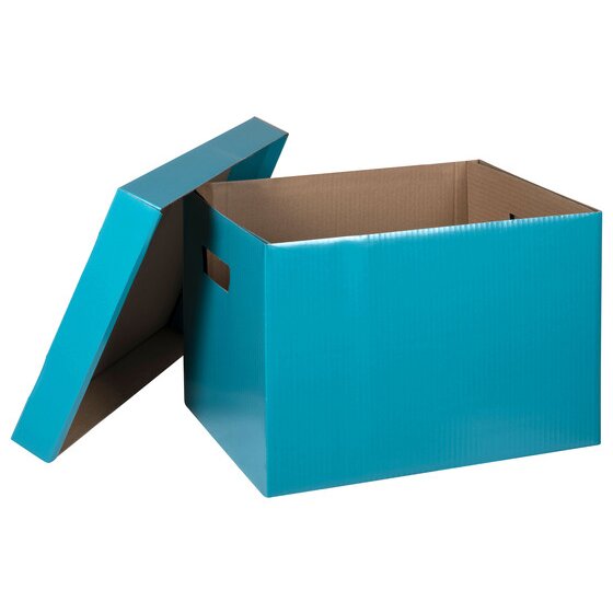 Empty Marbig teal archive box with the lid raised off to one side, plain brown board visible on the inside