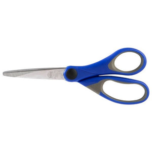 Marbig 975410 Comfort Grip 135mm scissors lying flat, blue handles with grey grip panels, black pivot cap and a stainless blade