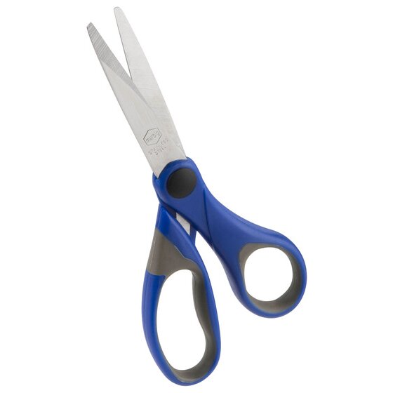 Marbig 975410 Comfort Grip scissors opened at an angle showing the blue and grey moulded handles and stamped blade