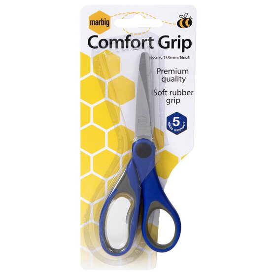 Marbig Comfort Grip blister card printed Scissors 135mm No.5, Soft rubber grip and a 5 Years Warranty badge