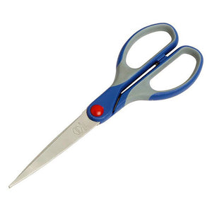 Single pair of Comfort Grip scissors with blue and grey handles and a red pivot screw, blades pointing down to the left, for code 975460, the pair ACCO describe as left and right hand