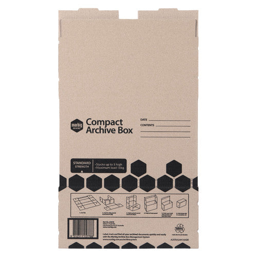Flat unassembled Marbig Compact Archive Box blank with the product name, strength panel and printed folding steps