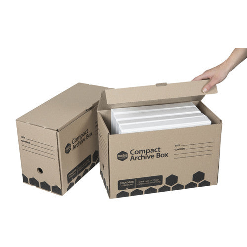 Hand opening the hinged lid of a Marbig Compact Archive Box holding white files, next to a closed box