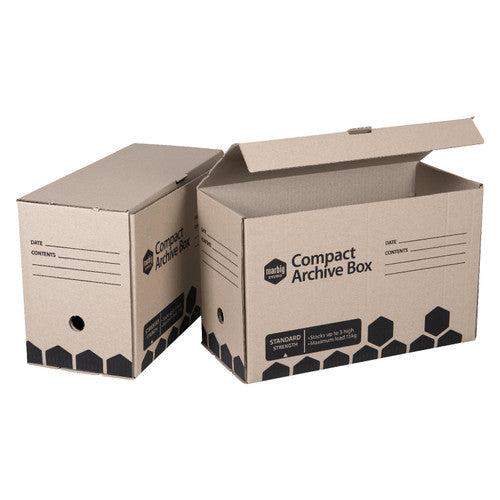 Pair of Marbig Compact Archive Boxes in brown board, one closed and one with its hinged lid standing open