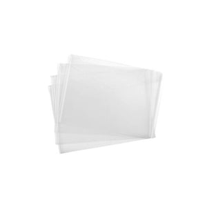 Four Marbig clear A4 compact document wallets fanned out on a white background, flat with no gusset