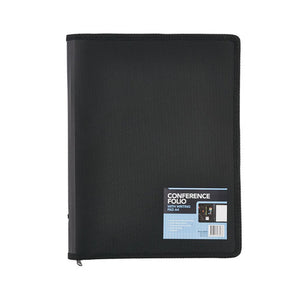 Closed black Marbig 9000802 conference folio with a textured cover and a blue card reading Conference Folio with Writing Pad A4 on the front.