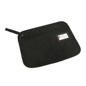 Black Marbig 9008302 convention satchel lying flat, with a zip along the top, a business card in the clear front window and a carry strap at one corner.