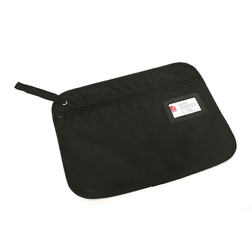 Black Marbig 9008302 convention satchel lying flat, with a zip along the top, a business card in the clear front window and a carry strap at one corner.