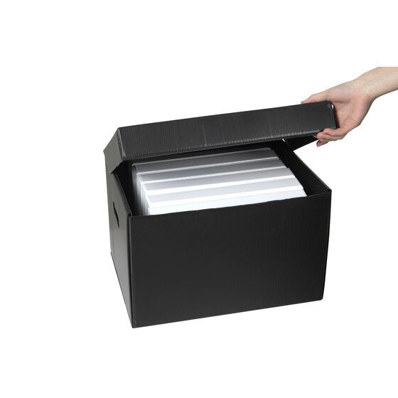 Hand lifting the attached lid of a Marbig black corflute box holding a row of white lever arch files