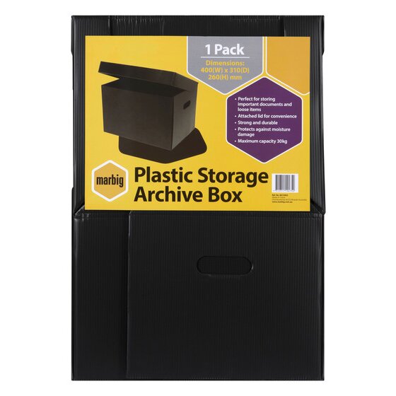 Marbig Plastic Storage Archive Box pack card in yellow and purple on a black corflute box, listing dimensions and a 30kg maximum capacity