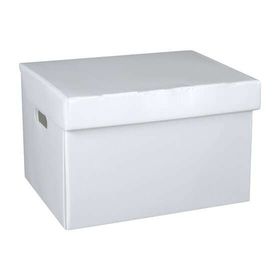 Marbig white corflute plastic archive box with the attached lid closed, seen at an angle with a hand hole in the side
