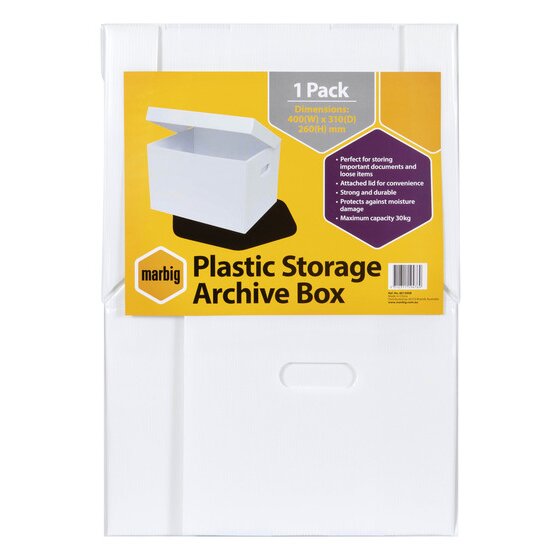 Marbig Plastic Storage Archive Box yellow pack card on a white corflute box, showing 1 Pack, dimensions and a maximum capacity of 30kg