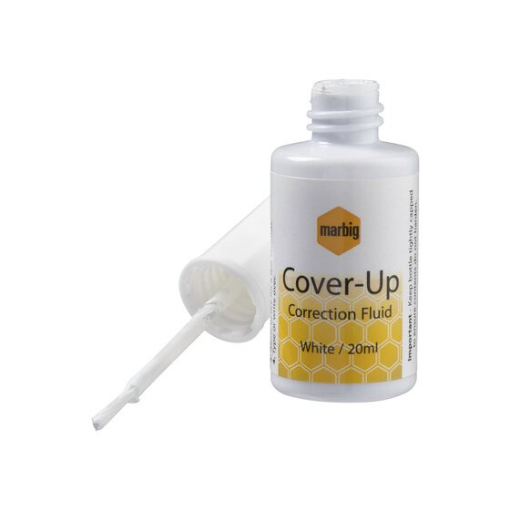 Marbig 89000 Cover-Up white correction fluid 20ml bottle with the cap off, showing the brush applicator on its stem