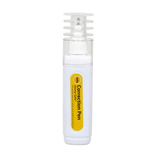 Marbig 975200 white correction pen standing upright, yellow Correction Pen label on the barrel and a clear ribbed cap over the metal tip