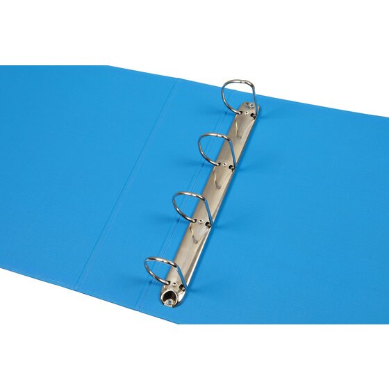 Blue Marbig Deluxe binder lying open with a metal rail carrying four D shaped rings on the inside of the back cover