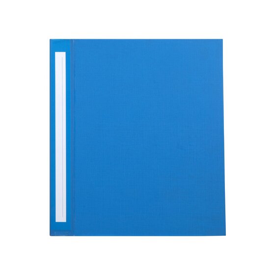 Closed blue Marbig 5914001 Deluxe binder seen front on, textured cover with a white label strip beside the spine edge