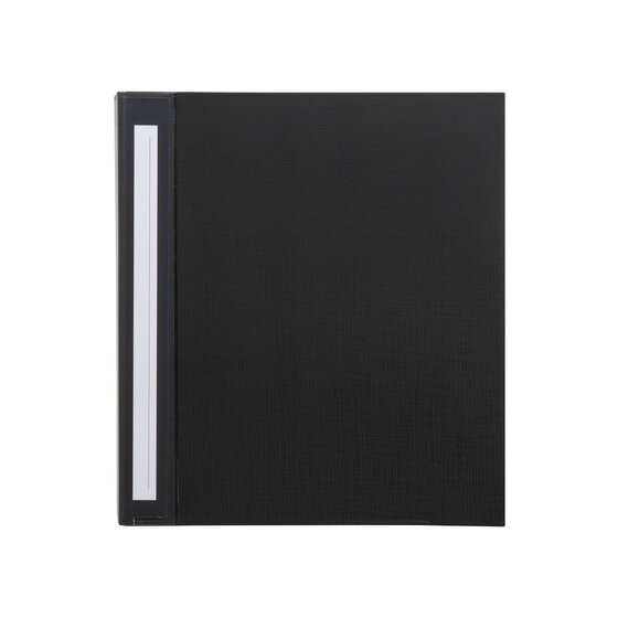 Black Marbig Deluxe A4 ring binder photographed front on, closed, with a white label strip running down the cover beside the spine