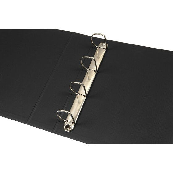 Open black Marbig 5914002 Deluxe binder showing four D shaped metal rings on a rail fixed to the textured inside cover